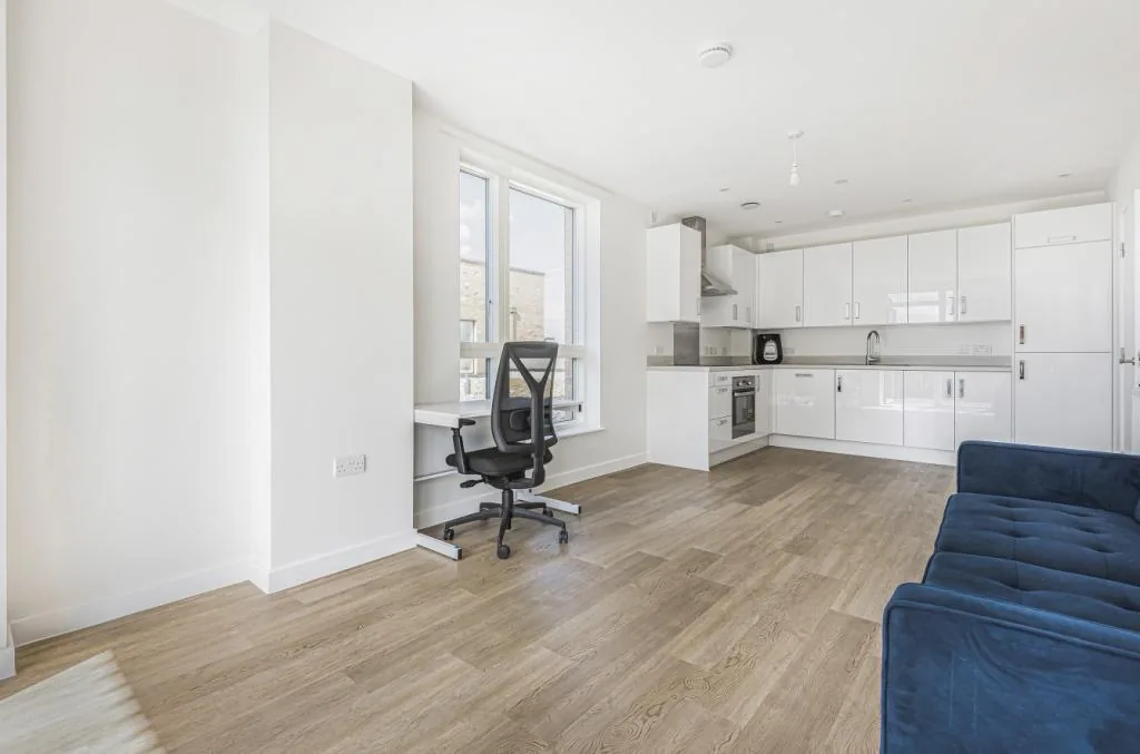 Private kitchen and living room in a Whitehall Lane apartment